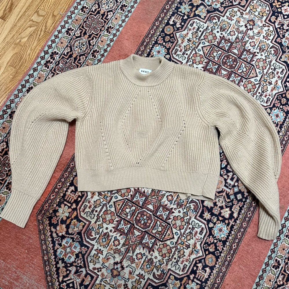 DKNY Merino Wool Cropped Open Back Puffed Sleeves Chunky Sweater Beige